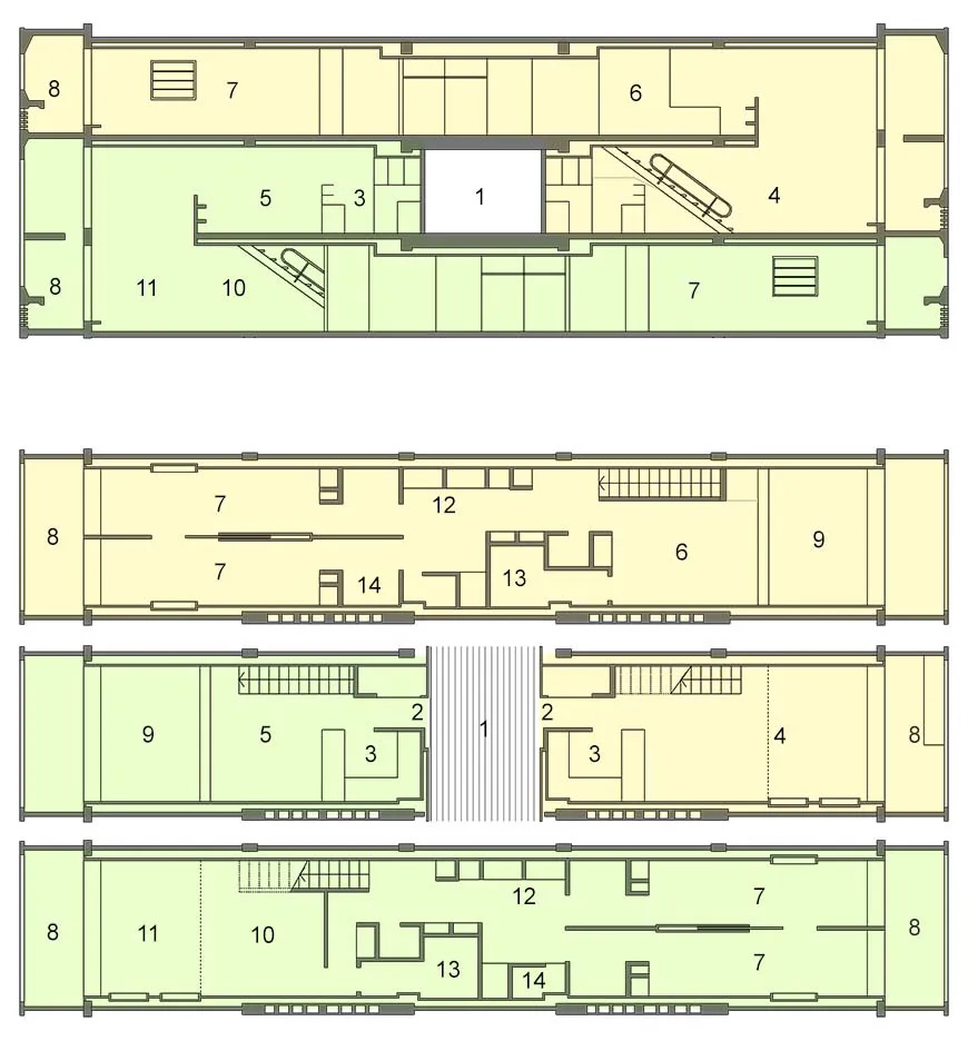 Unité d'Habitation - Plans and cross-sections of typical two-level apartments. 1 - main corridor, 2 - entrance, 3 - kitchen, 4 - living room and lunchroom, 5 - lunchroom, 6 - double bedroom, 7 - single bedroom, 8 - balcony, 9 - void, 10 - double bedroom, 11 - living room, 12 - built-in wardrobe, 13 - bathroom, 14 - shower. Image by Inexhibit.